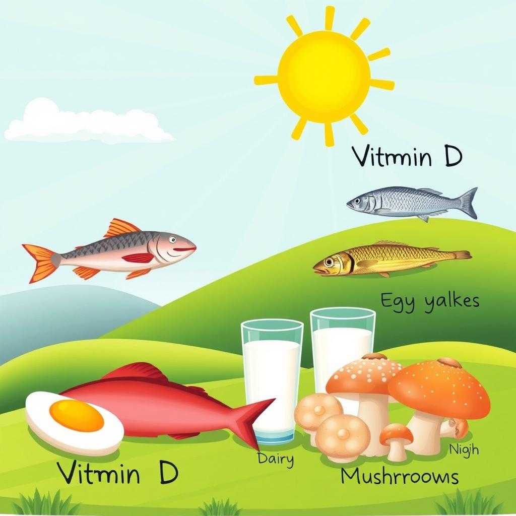 An illustration showing various sources of Vitamin D, including sunlight, fortified foods, fatty fish, and dairy products