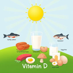 An illustration showing various sources of Vitamin D, including sunlight, fortified foods, fatty fish, and dairy products