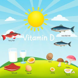 An illustration showing various sources of Vitamin D, including sunlight, fortified foods, fatty fish, and dairy products