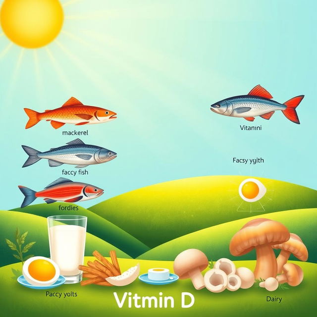 An illustration showing various sources of Vitamin D, including sunlight, fortified foods, fatty fish, and dairy products