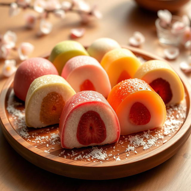 A delicious assortment of colorful mochi desserts, showcasing various flavors like matcha, strawberry, and red bean