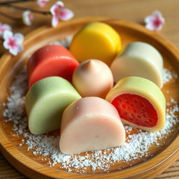 A delicious assortment of colorful mochi desserts, showcasing various flavors like matcha, strawberry, and red bean