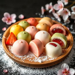 A delicious assortment of colorful mochi desserts, showcasing various flavors like matcha, strawberry, and red bean