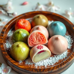 A delicious assortment of colorful mochi desserts, showcasing various flavors like matcha, strawberry, and red bean