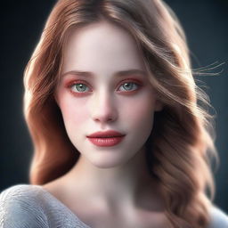 A high-resolution image portraying a beautiful girl with light brown hair and red eyes