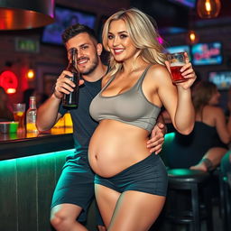 A beautiful sexy curvy blonde woman, radiating an innocent vibe, dressed in tight shorts and a sleek tank top