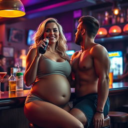 A beautiful sexy curvy blonde woman, radiating an innocent allure, wearing tight shorts and a snug tank top