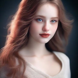 A high-resolution image portraying a beautiful girl with light brown hair and red eyes