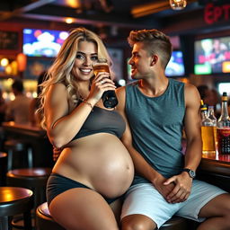 A beautiful sexy curvy blonde woman, radiating an innocent allure, wearing tight shorts and a snug tank top
