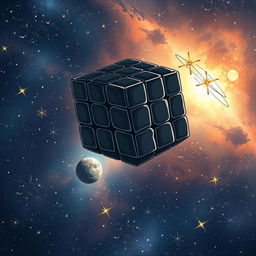 An anime-style illustration featuring a hand-drawn black 3x3x3 cube, resembling a Rubik's cube, gracefully floating in the vastness of space
