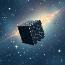 An anime-style illustration featuring a hand-drawn black 3x3x3 cube, resembling a Rubik's cube, gracefully floating in the vastness of space