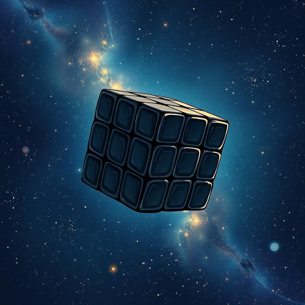 An anime-style illustration featuring a hand-drawn black 3x3x3 cube, resembling a Rubik's cube, gracefully floating in the vastness of space