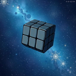 An anime-style illustration featuring a hand-drawn black 3x3x3 cube, resembling a Rubik's cube, gracefully floating in the vastness of space
