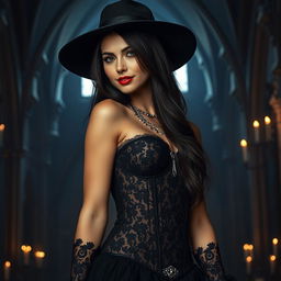 A striking gothic scene featuring a female figure dressed in a stunning black lace corset, adorned with intricate silver jewelry