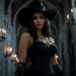 A striking gothic scene featuring a female figure dressed in a stunning black lace corset, adorned with intricate silver jewelry