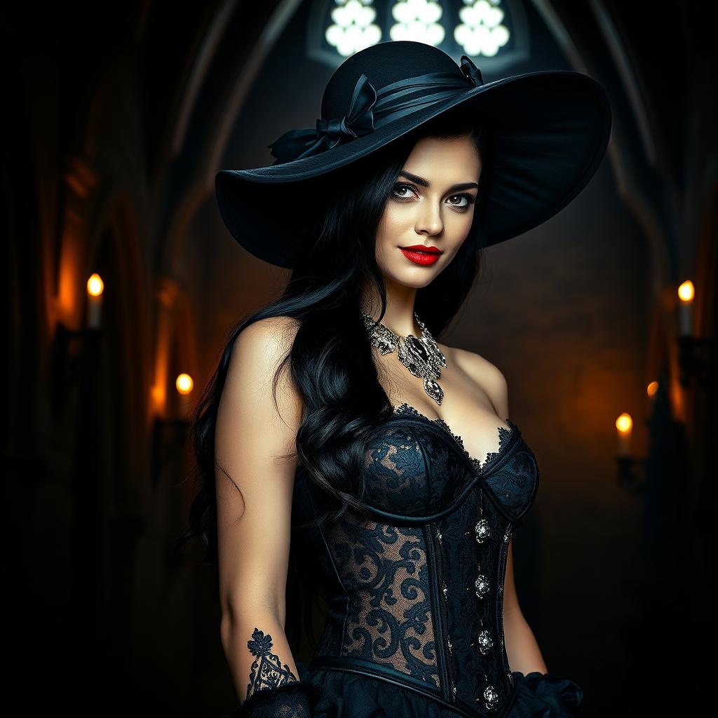 A striking gothic scene featuring a female figure dressed in a stunning black lace corset, adorned with intricate silver jewelry