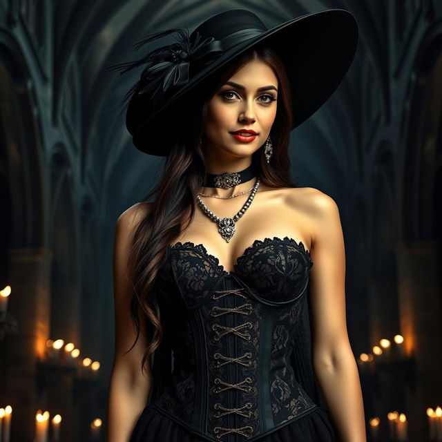 A striking gothic scene featuring a female figure dressed in a stunning black lace corset, adorned with intricate silver jewelry