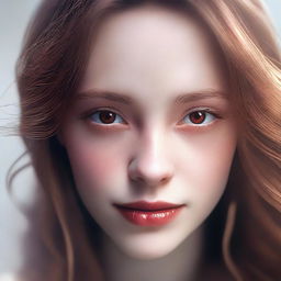 A high-resolution image portraying a beautiful girl with light brown hair and red eyes