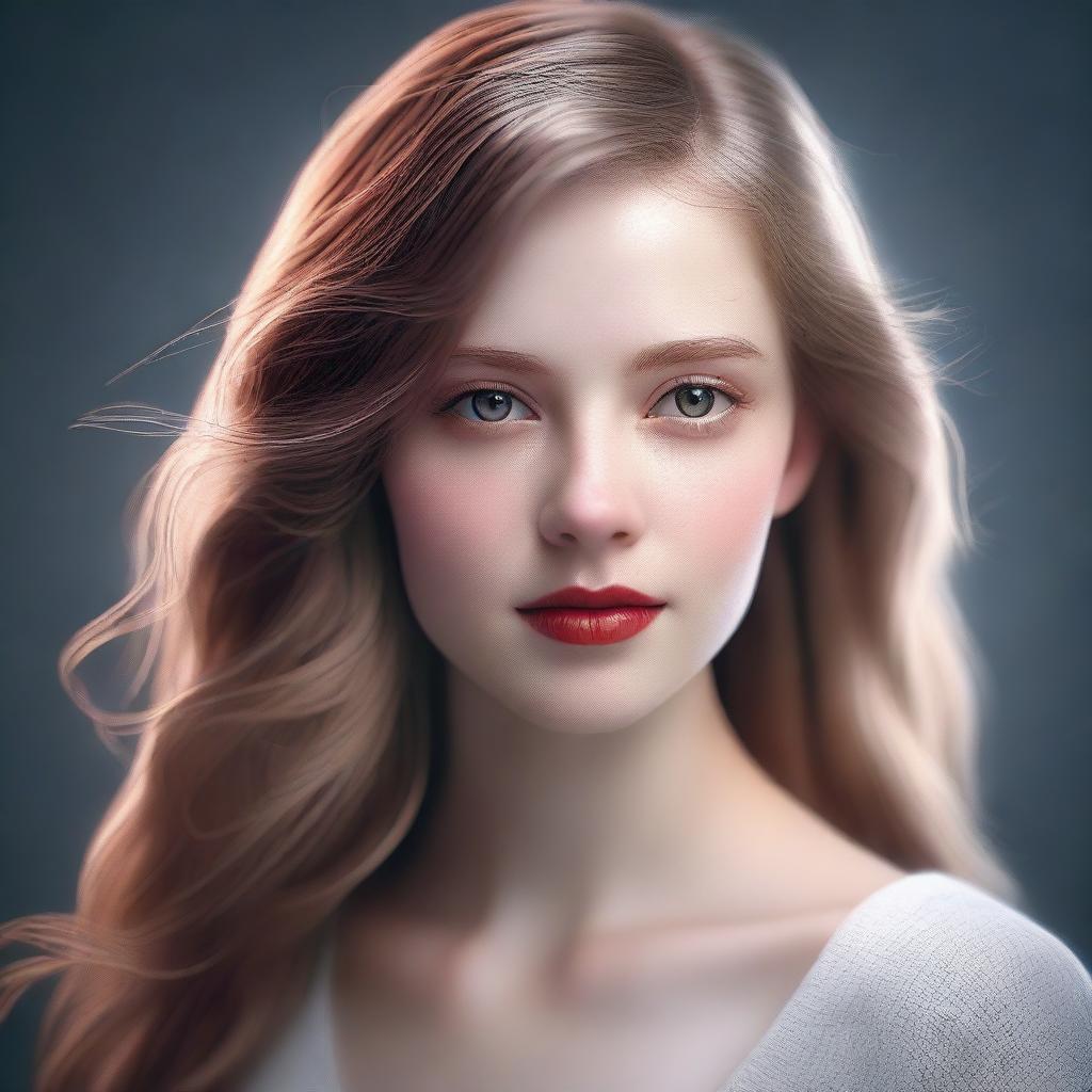 A high-resolution image portraying a beautiful girl with light brown hair and red eyes