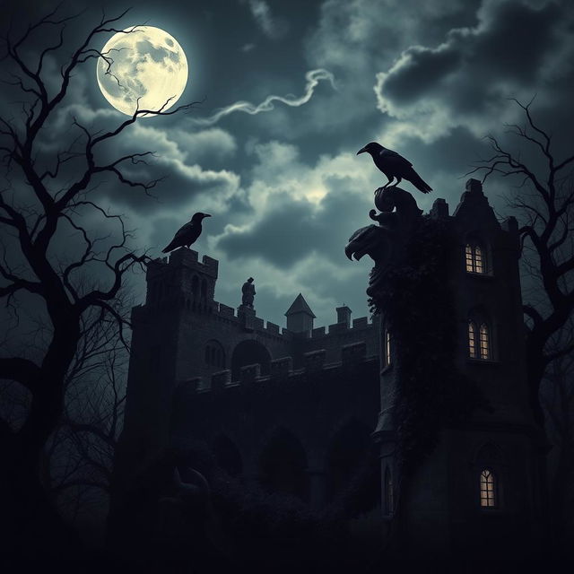 A dark and eerie gothic scene featuring an ancient, crumbling castle surrounded by twisted trees under a full moon