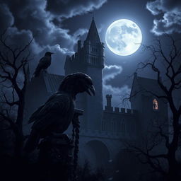 A dark and eerie gothic scene featuring an ancient, crumbling castle surrounded by twisted trees under a full moon