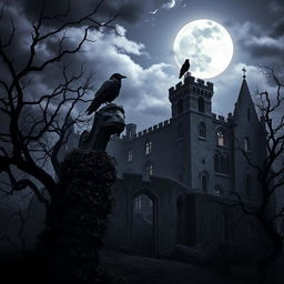 A dark and eerie gothic scene featuring an ancient, crumbling castle surrounded by twisted trees under a full moon