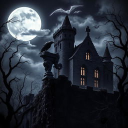 A dark and eerie gothic scene featuring an ancient, crumbling castle surrounded by twisted trees under a full moon