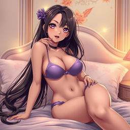 A sultry anime girl with striking features, voluptuous curves, and alluring long hair, lounging elegantly in a beautifully designed pastel-themed bedroom