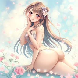 A beautiful anime girl with long flowing hair, voluptuous curves, and striking features, posed gracefully in an artistic and tasteful manner