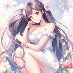 A beautiful anime girl with long flowing hair, voluptuous curves, and striking features, posed gracefully in an artistic and tasteful manner