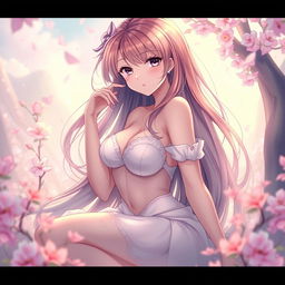 A beautiful anime girl with long flowing hair, voluptuous curves, and striking features, posed gracefully in an artistic and tasteful manner