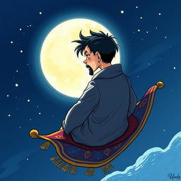 An anime-style hand-drawn illustration depicting a sad, handsome wizard with short black hair and a goatee, viewed from behind