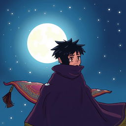 An anime-style hand-drawn illustration depicting a sad, handsome wizard with short black hair and a goatee, viewed from behind