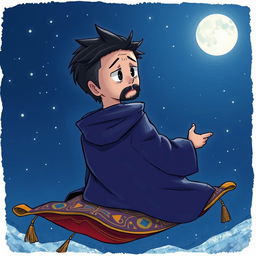 An anime-style hand-drawn illustration depicting a sad, handsome wizard with short black hair and a goatee, viewed from behind