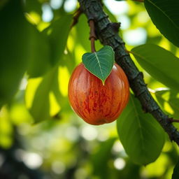 A stunning 4K image of a single, ripe fruit, with vibrant color and intricate surface details, hanging gracefully from a tree branch