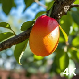 A stunning 4K image of a single, ripe fruit, with vibrant color and intricate surface details, hanging gracefully from a tree branch