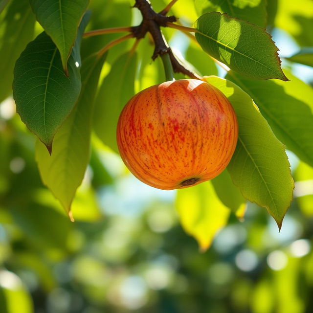 A stunning 4K image of a single, ripe fruit, with vibrant color and intricate surface details, hanging gracefully from a tree branch