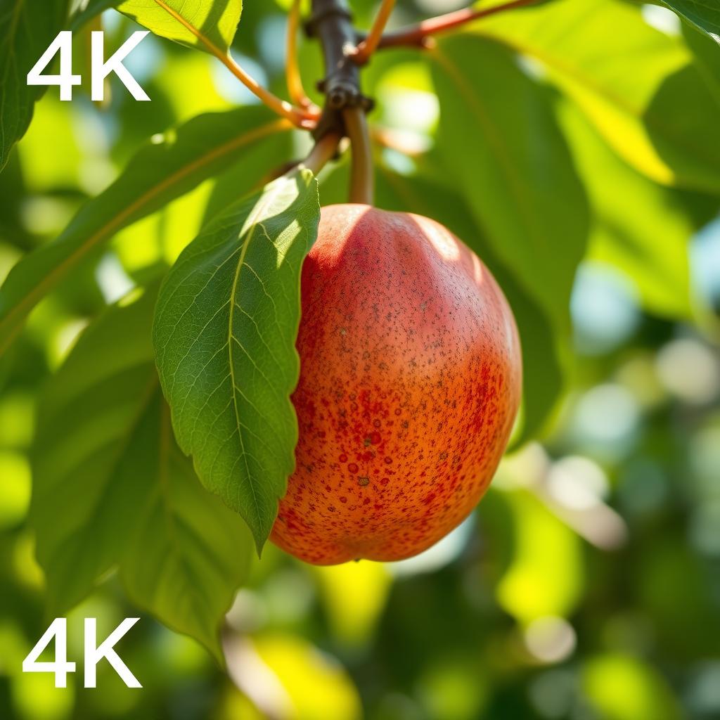 A stunning 4K image of a single, ripe fruit, with vibrant color and intricate surface details, hanging gracefully from a tree branch