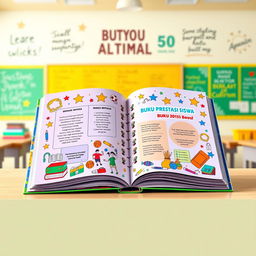 An artistic representation of a colorful student achievement booklet ("Buku Prestasi Siswa")