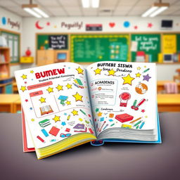 An artistic representation of a colorful student achievement booklet ("Buku Prestasi Siswa")