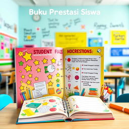 An artistic representation of a colorful student achievement booklet ("Buku Prestasi Siswa")