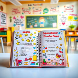 An artistic representation of a colorful student achievement booklet ("Buku Prestasi Siswa")