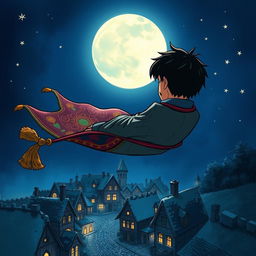 An anime-style hand-drawn fantasy illustration depicting a sad, handsome wizard with short black hair and a goatee, viewed from behind