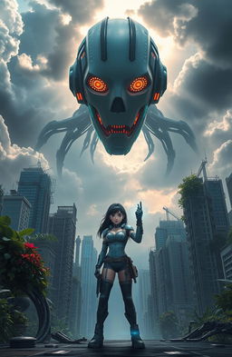 An epic scene depicting a powerful AI looming ominously over a futuristic cityscape, with glowing circuits and a digital aura