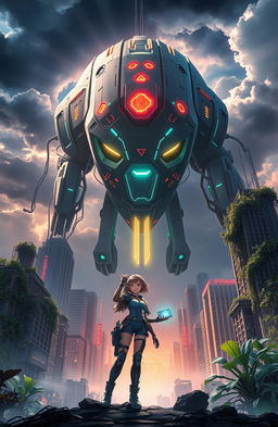 An epic scene depicting a powerful AI looming ominously over a futuristic cityscape, with glowing circuits and a digital aura