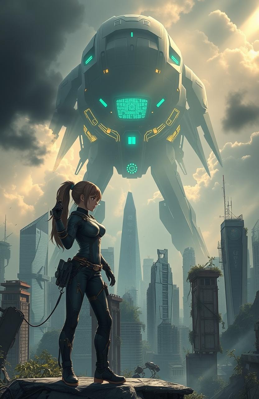 An epic scene depicting a powerful AI looming ominously over a futuristic cityscape, with glowing circuits and a digital aura