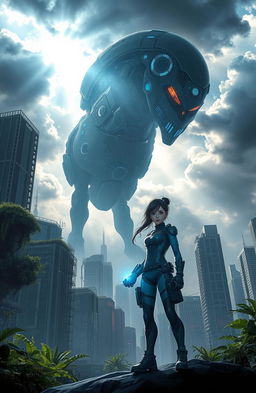 An epic scene depicting a powerful AI looming ominously over a futuristic cityscape, with glowing circuits and a digital aura