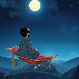 An anime-style hand-drawn fantasy illustration depicting a sad, handsome wizard with short black hair and a goatee, seen from behind
