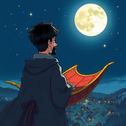 An anime-style hand-drawn fantasy illustration depicting a sad, handsome wizard with short black hair and a goatee, seen from behind