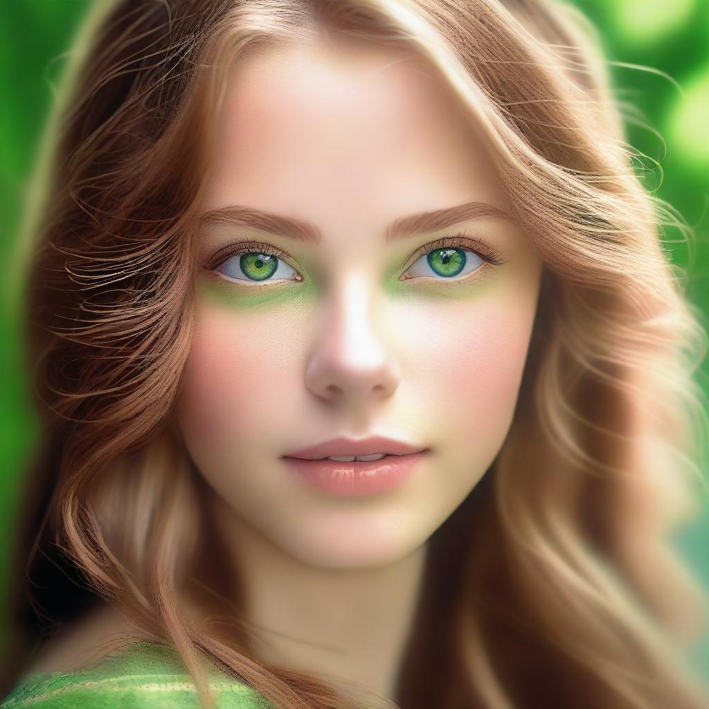 This is a high-quality image of a beautiful girl with light brown hair and enchanting green eyes